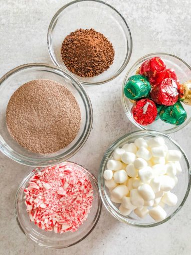 bowls of fillings for hot chocolate bombs