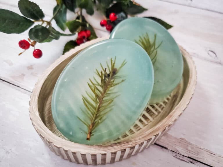 two bars of pine scented soap in a dish with holly decorations