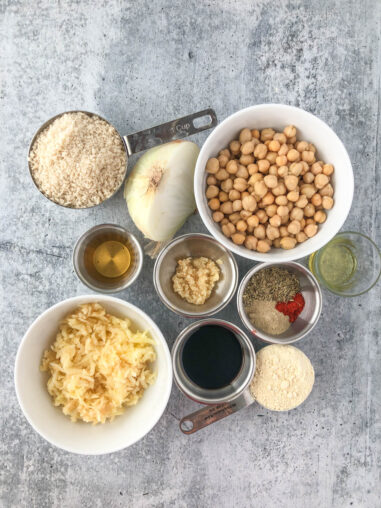 ingredients for chickpea burgers in bowls