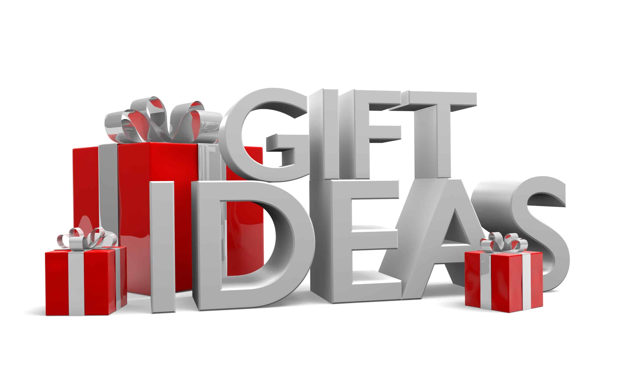 3D text of the words Gift Ideas next to gift boxes