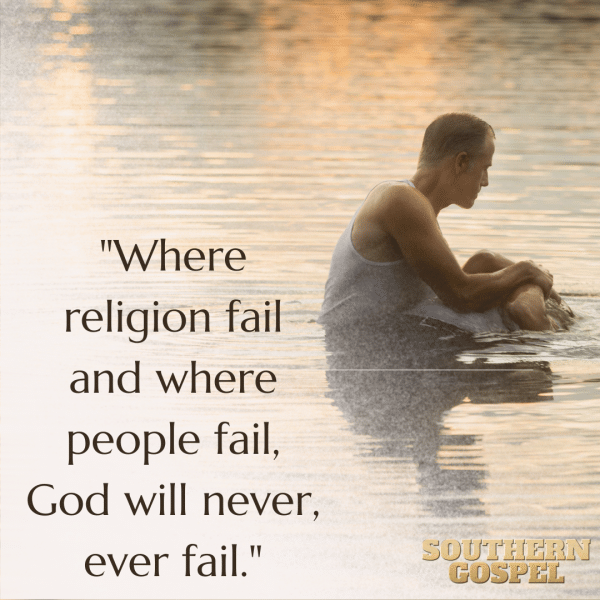 Man being baptized in lake with quote