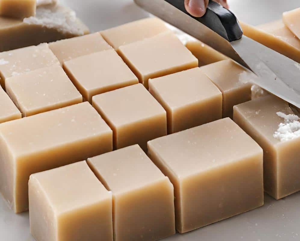 homemade soap being cut into bars