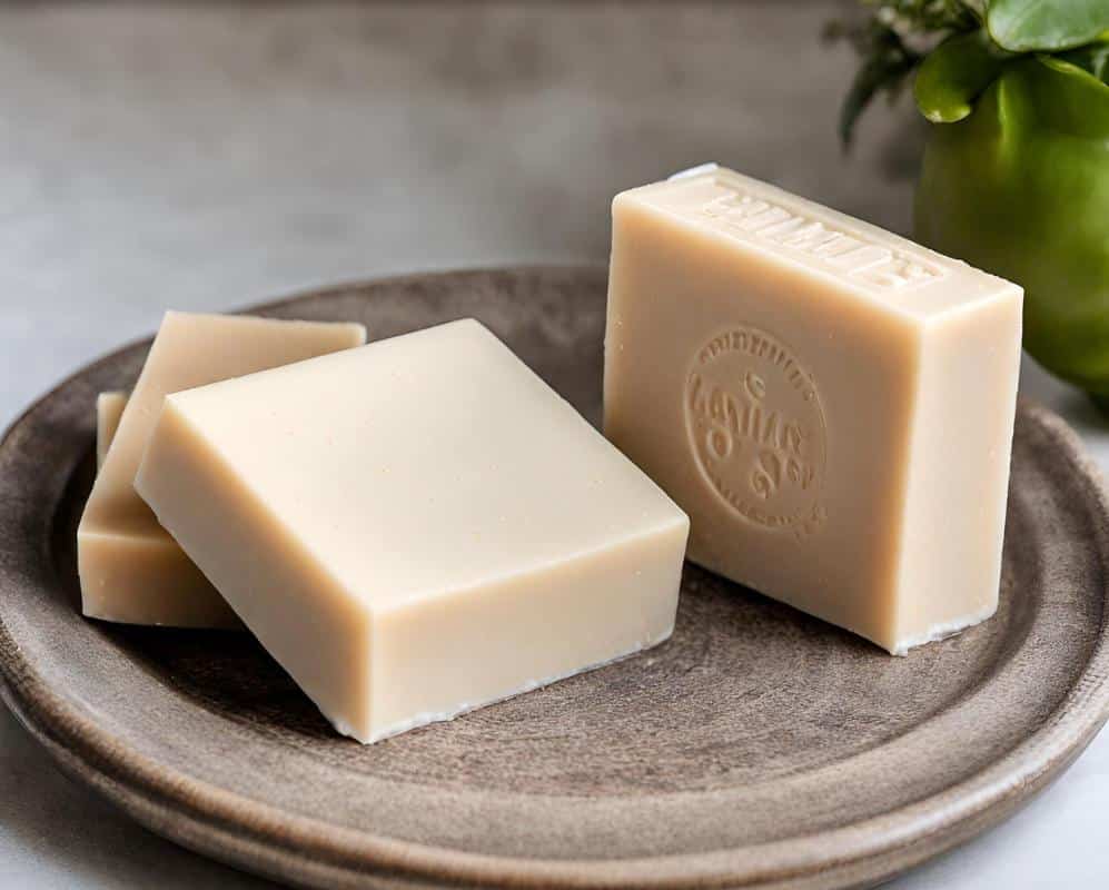 three bars of goat milk soap on a dish