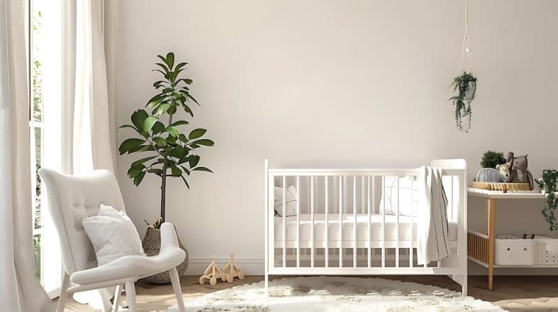 White crib in modern cozy baby room